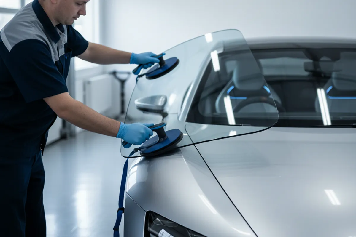Technician replacing a windshield with OEM-equivalent glass in London, Ontario